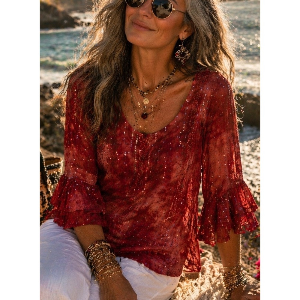 Coral Bay Womens Blouse Red Medium Sequin Ruffle Sleeve Tie Dye Top